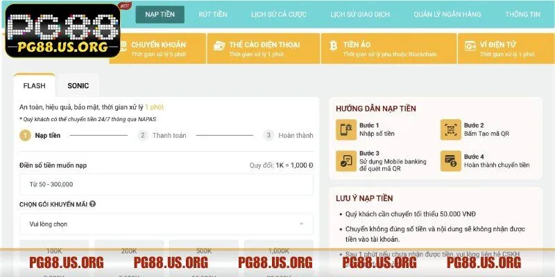 Nạp tiền PG88 qua Internet Banking